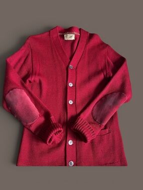 Vintage 1950's RedPuritan Natch Wool Knit Cardigan Suede Elbow Patch XS/S Grunge